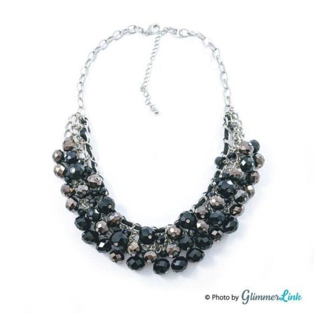 Black Gray Beaded Bib Necklace Silver Tone Mesh Statement